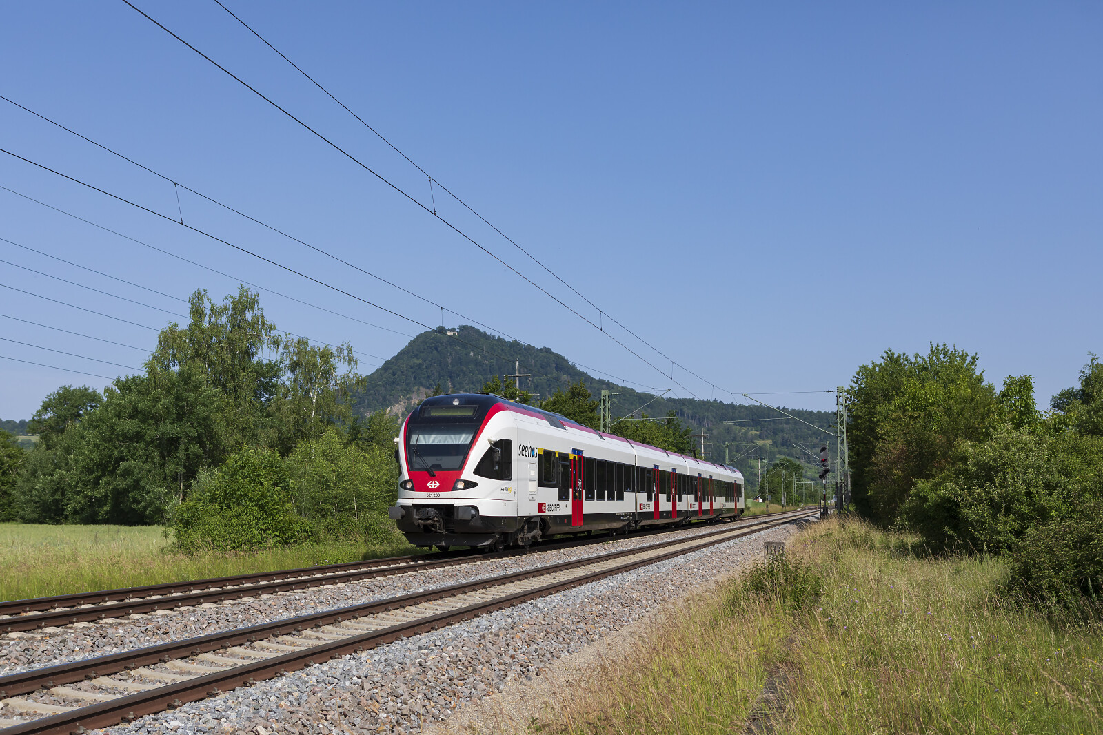RABe 521 203 der SBB (Schweizerische Bundesbahnen) zwischen Welschingen-Neuhausen und Mühlhausen, Deutschland