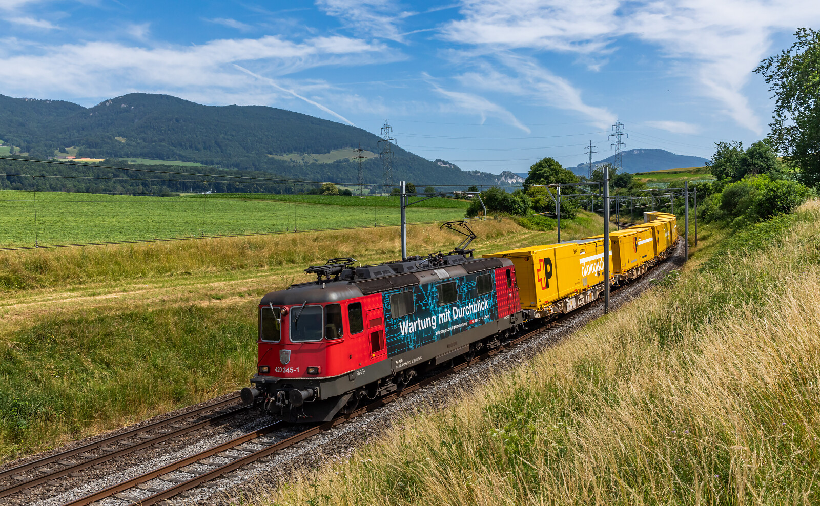 Re 420 345 der SBB (Schweizerische Bundesbahnen) zwischen Niederbipp und Wangen an der Aare, Schweiz