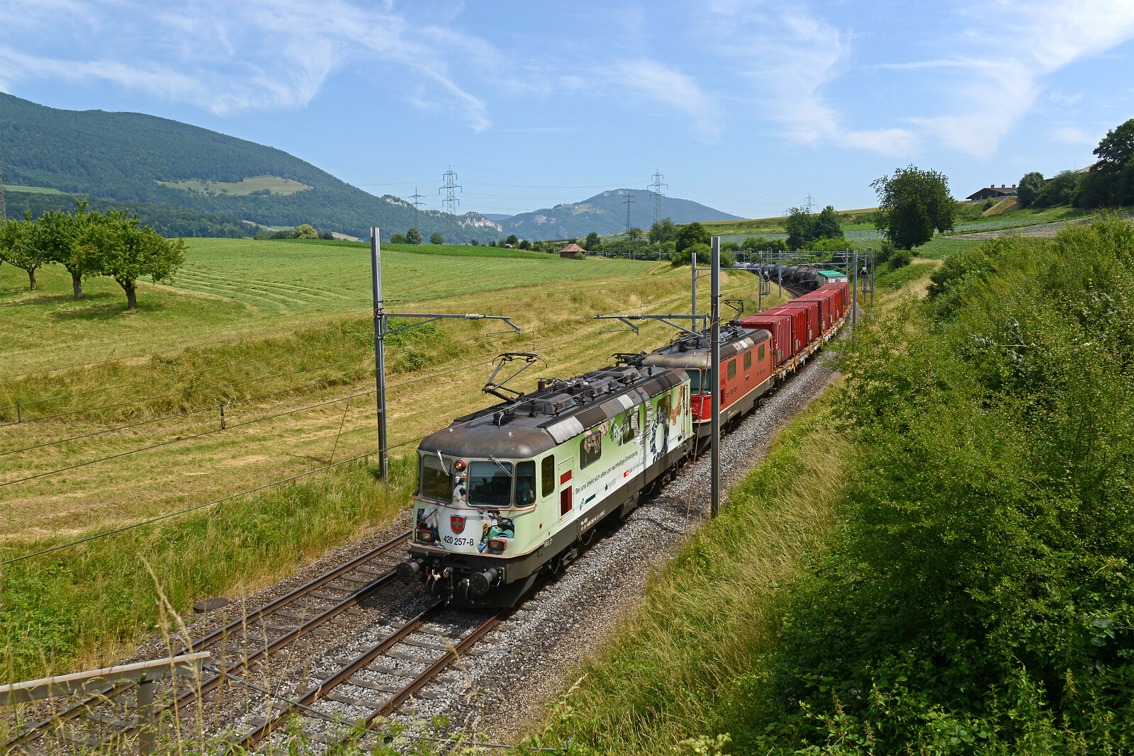 Re 420 257 der SBB (Schweizerische Bundesbahnen) zwischen Niederbipp und Wangen an der Aare, Schweiz